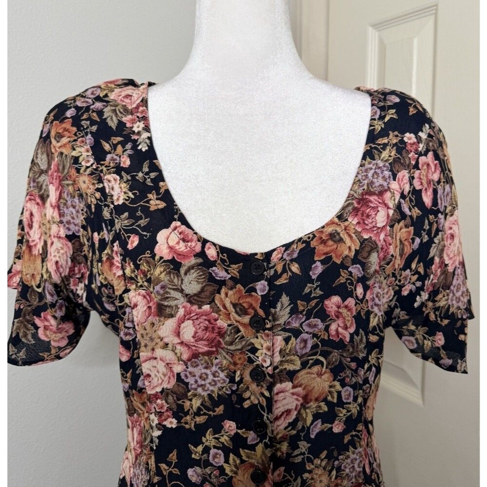 Starina Maxi Dress Medium Floral Button Front Short Sleeve Rayon Cottagecore - Picture 3 of 16